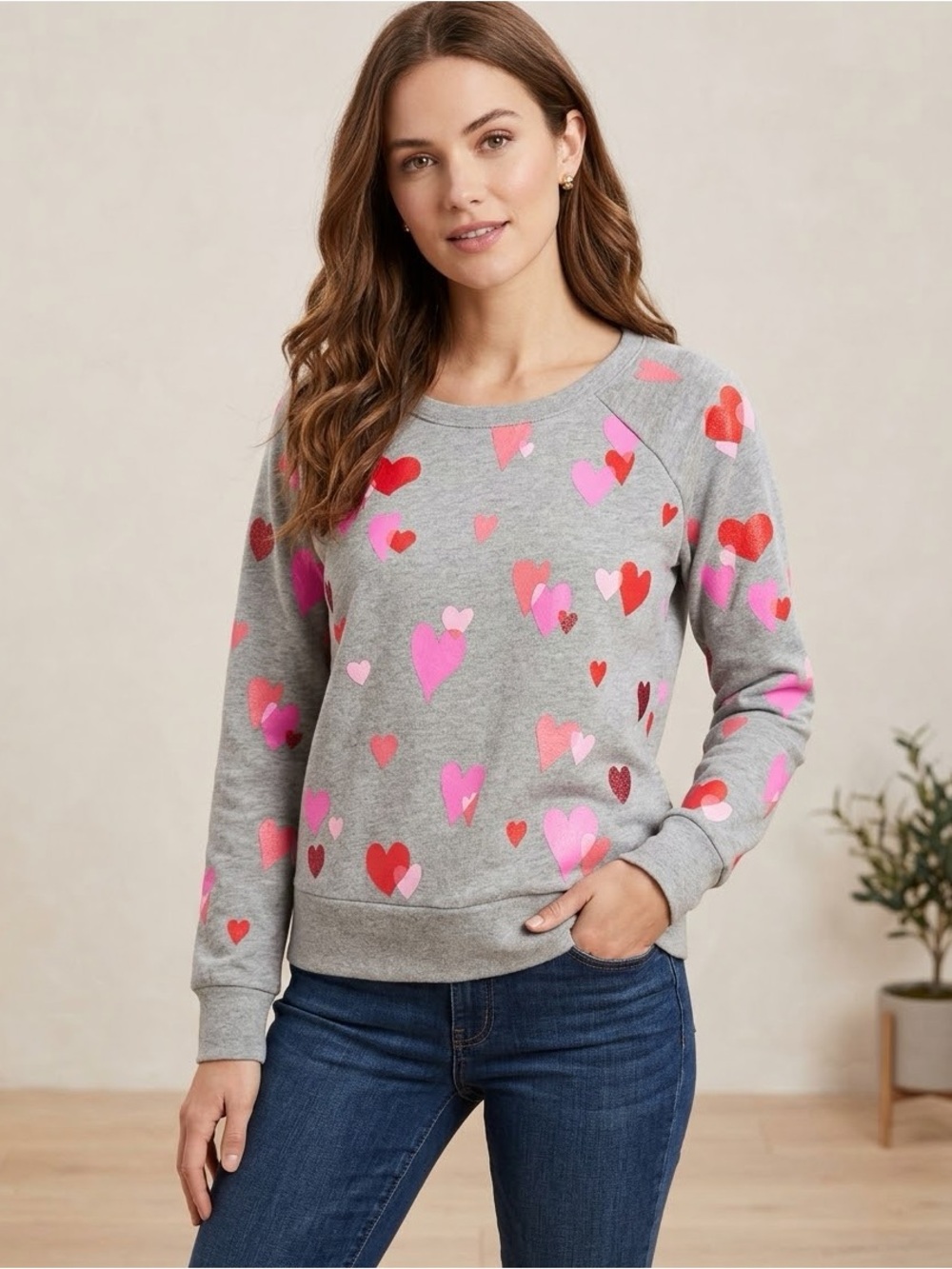 Chaser Women's Gray Fleece Sweatshirt All Over Heart Print Pullover, XS
